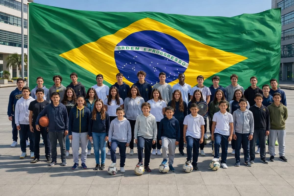 Kids with Brazil flag background