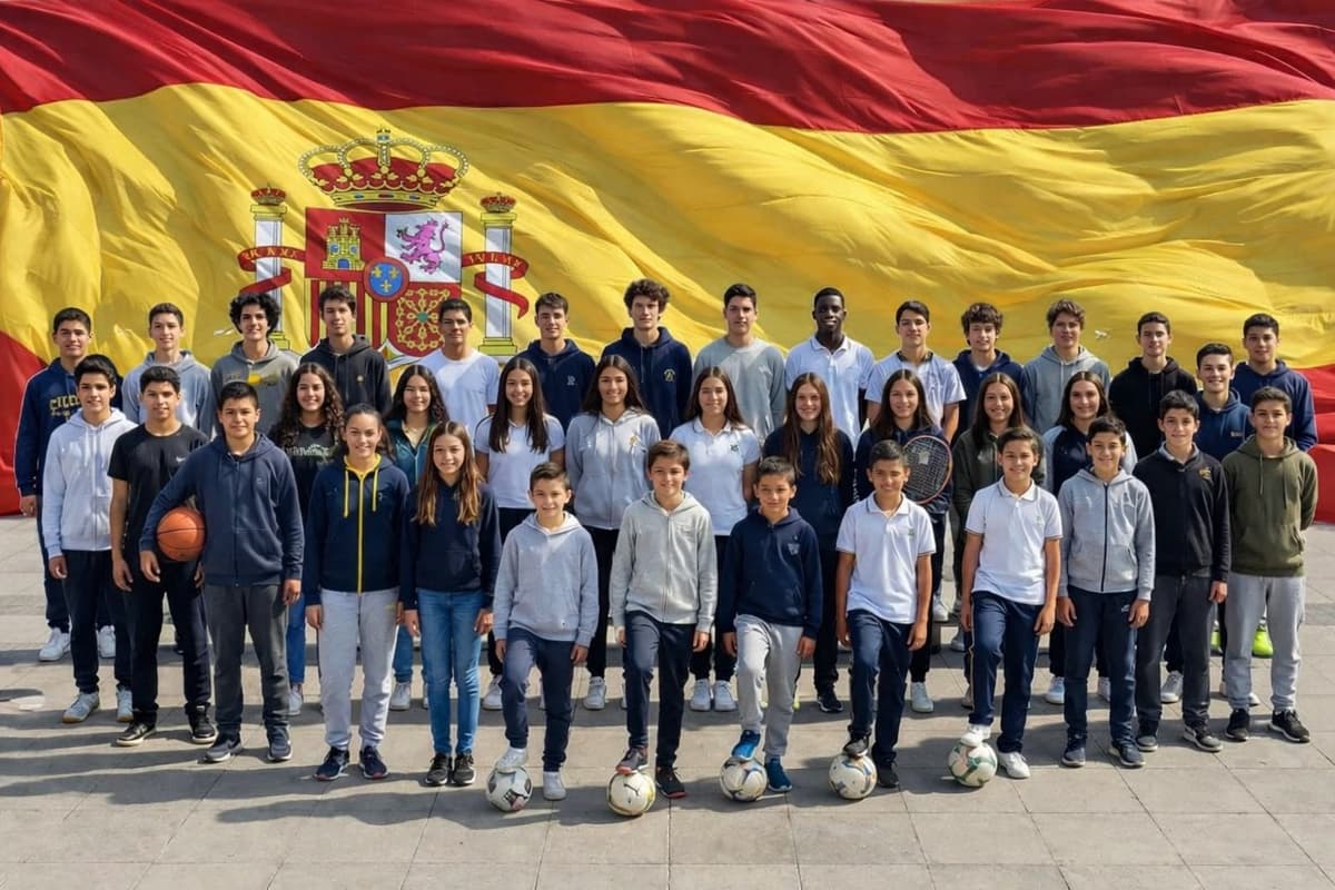 Kids with Spain flag backdrop